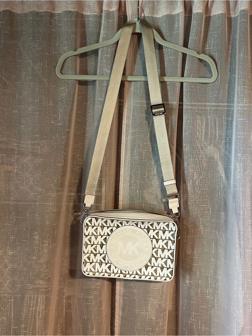 Michael Kors White and Tan MK Logo Crossbody Bag
